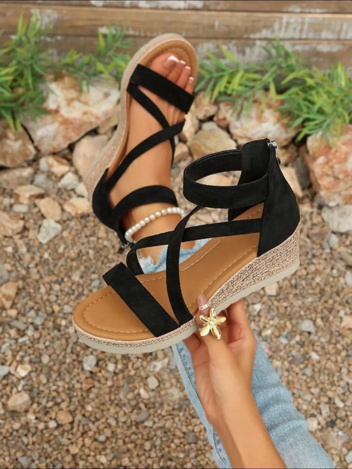Women's Velvet Wedge Sandals – Chunky Sole, Cross-Strap