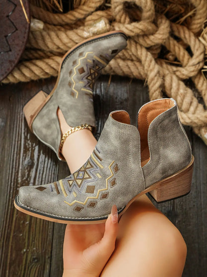 Women's Embroidered Ankle Boots – Western, Low Heel