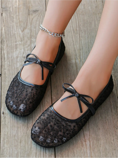 Women's Mesh Mary Jane Flats – Round Toe, Bow