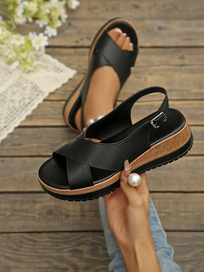 Women's Wedge Sandals – Chunky Sole, Cross-Strap