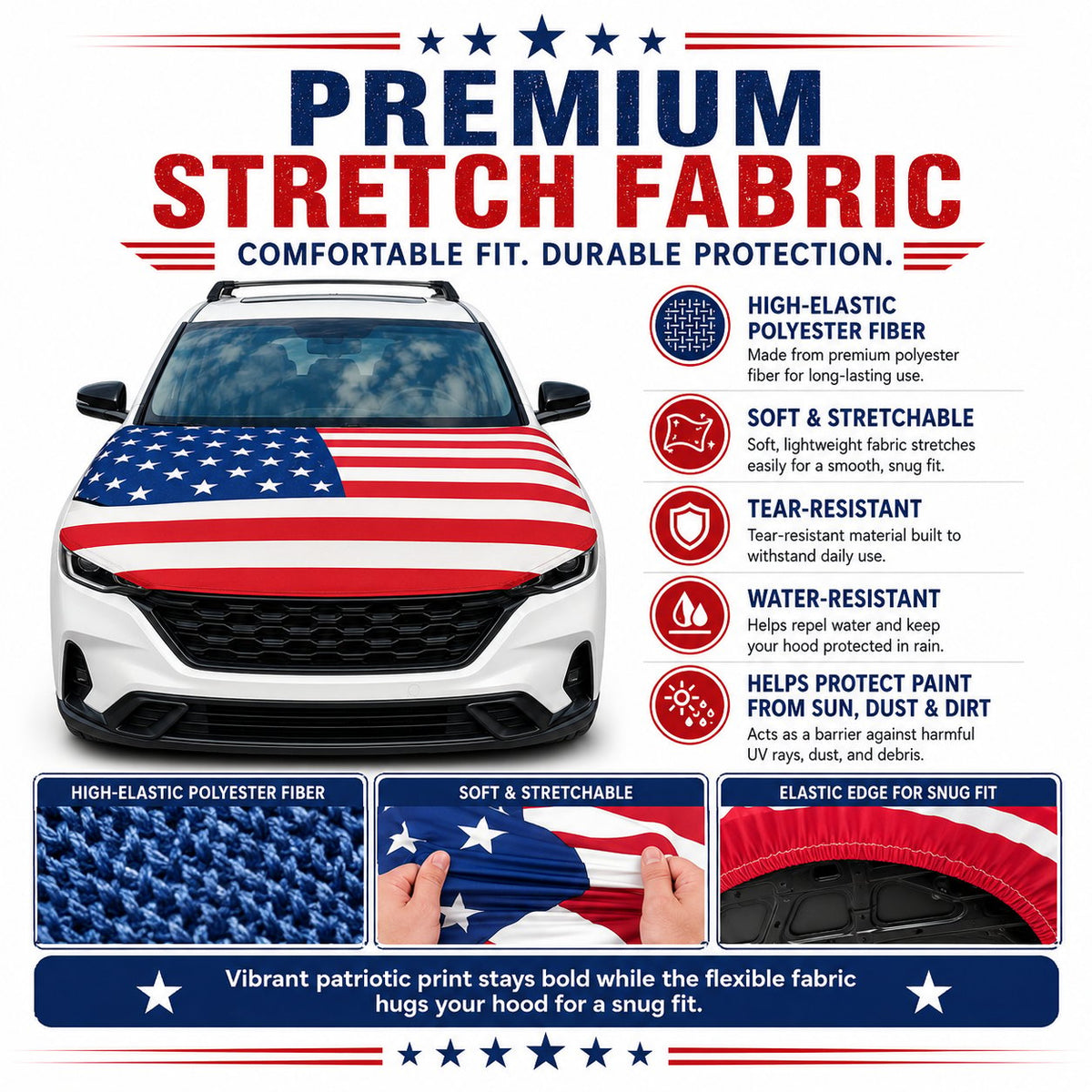 Universal American Hood Flag Cover - Fits Most Cars, SUVs & Pickups