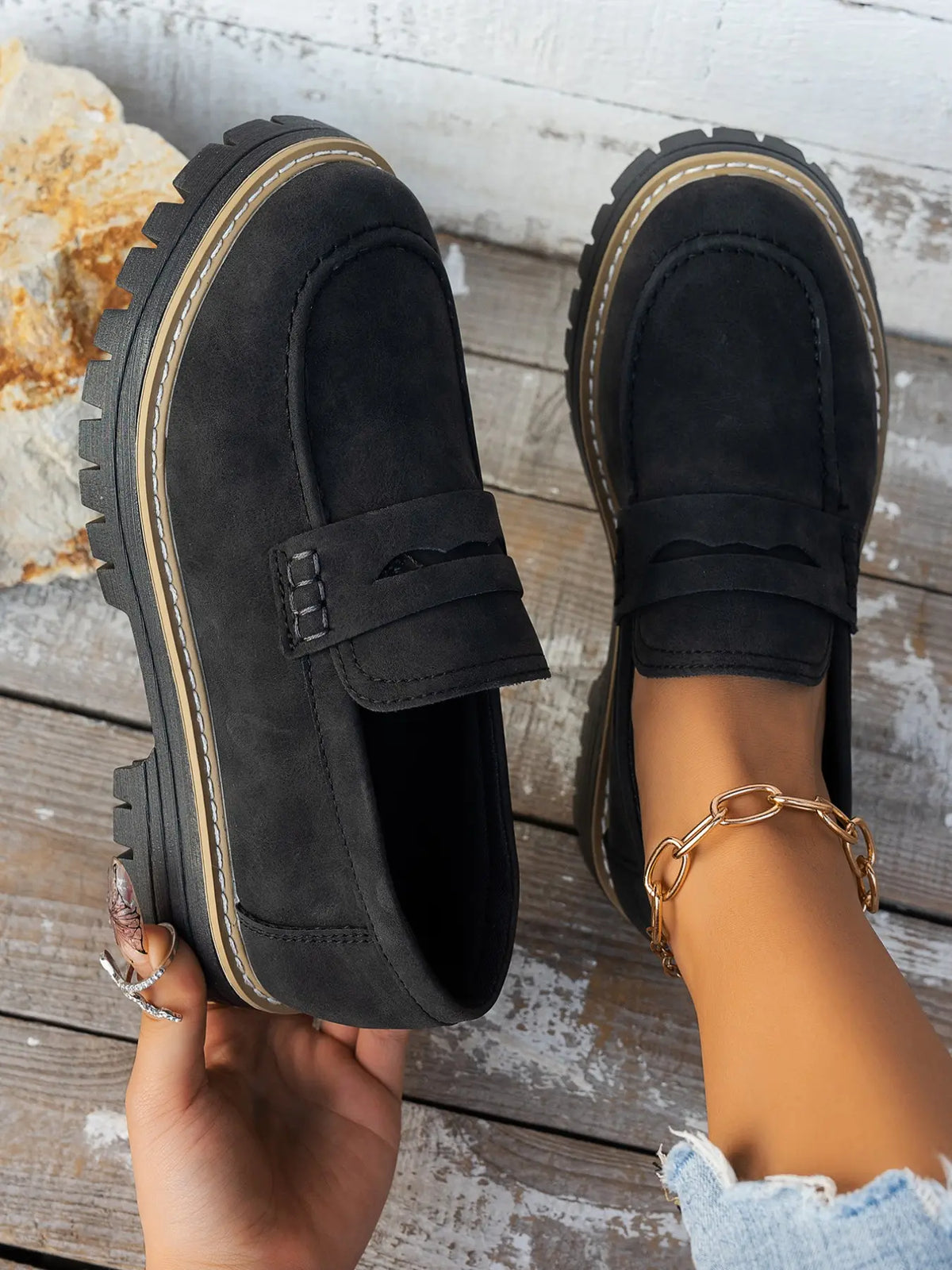 Women's Loafers – Round Toe, Chunky Sole, Slip-On