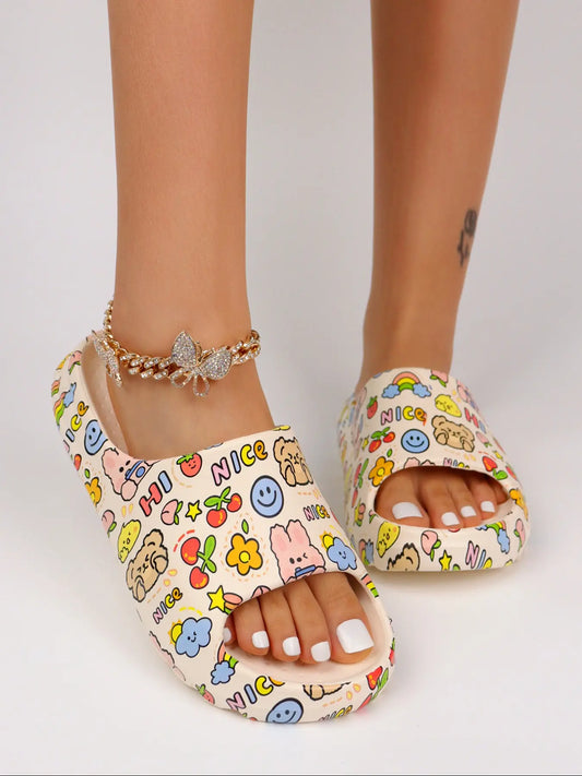Women's Cartoon Print EVA Slides – Open Toe, Cushioned