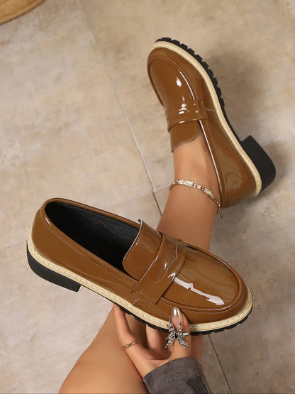 Women's Faux Leather Loafers – Pointed Toe, Chunky Sole, Low Heel