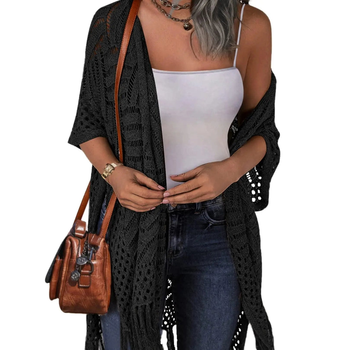 2026 Women’s Lightweight Knit Cardigan – Oversized Open Front, Hollow-Out Crochet Tassel Kimono Sweater for Spring & Summer