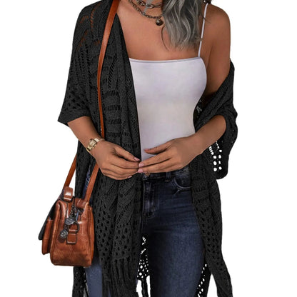 2026 Women’s Lightweight Knit Cardigan – Oversized Open Front, Hollow-Out Crochet Tassel Kimono Sweater for Spring & Summer