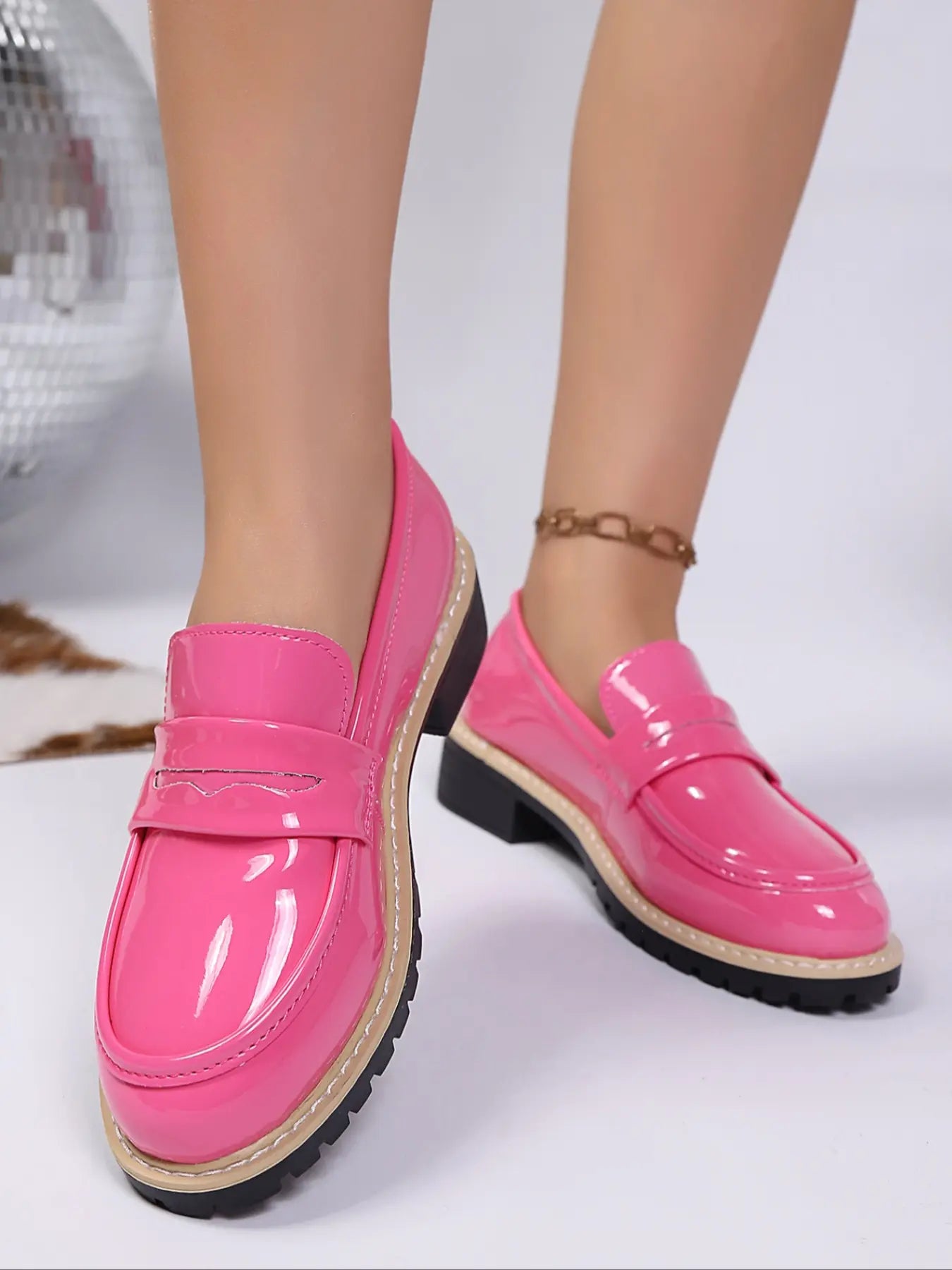 Women's Faux Leather Loafers – Pointed Toe, Chunky Sole, Low Heel
