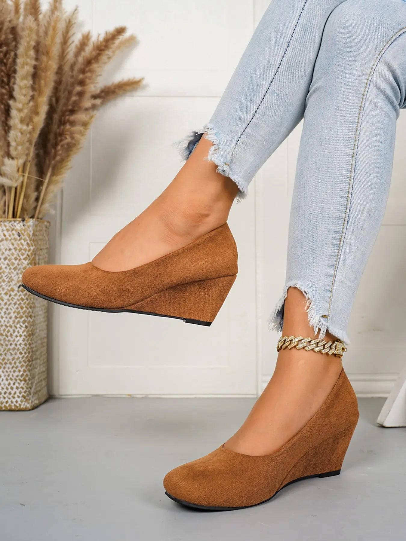 Women's Velvet Shoes – Wedge, Low Heel, Slip-On