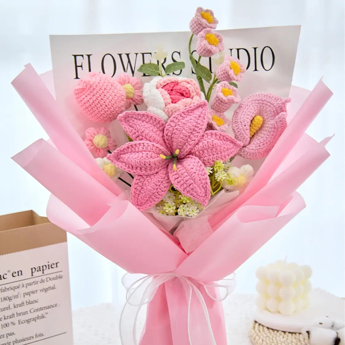 Mother’s Day Gift Pink Crochet Lily Rose Tulip Bouquet