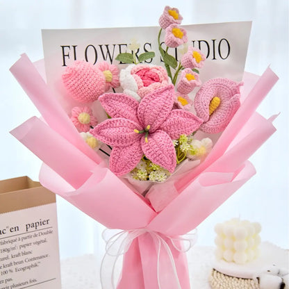 Mother’s Day Gift Pink Crochet Lily Rose Tulip Bouquet