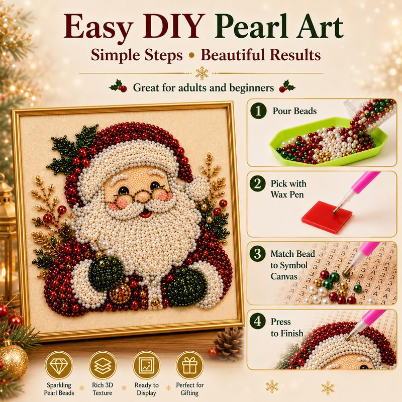 Frameless 3D Beaded Christmas Pearl Diamond Painting, Xmas Wreath Stocking Mosaic Art