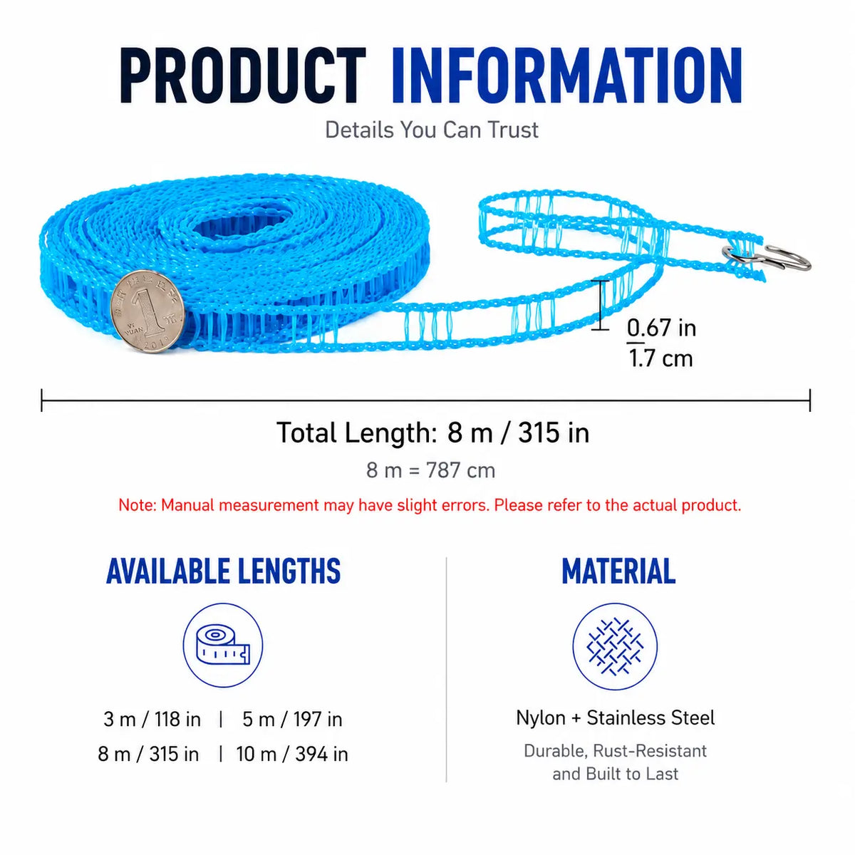 3 Roll Portable Clothesline – 196.85 Inch Adjustable Laundry Line, Windproof & Non-Slip