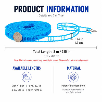 3 Roll Portable Clothesline – 196.85 Inch Adjustable Laundry Line, Windproof & Non-Slip