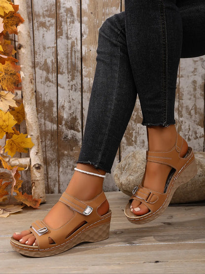 Women's Faux Leather Wedge Sandals – Open Toe, Cut-Out, Chunky Sole