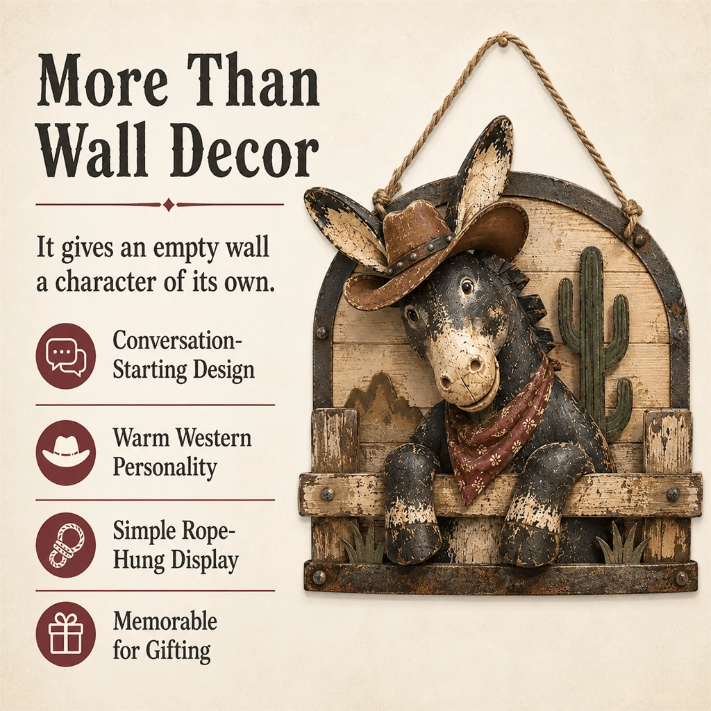 Rustic Cowboy Donkey Wall Hanging – Western Farmhouse Décor & Country Keepsake