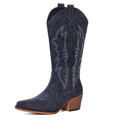 Women's Vintage Embroidered Boots – Western, Pointed Toe, Chunky Sole