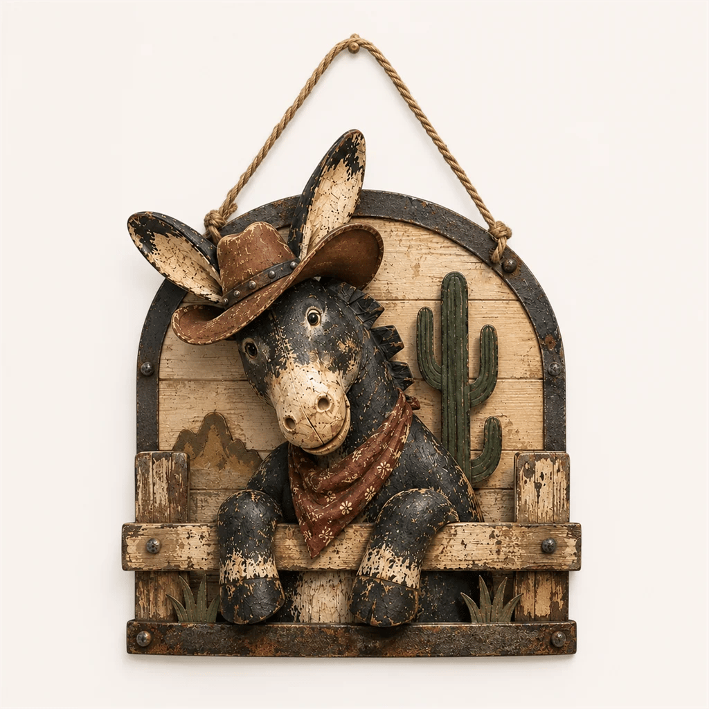 Rustic Cowboy Donkey Wall Hanging – Western Farmhouse Décor & Country Keepsake