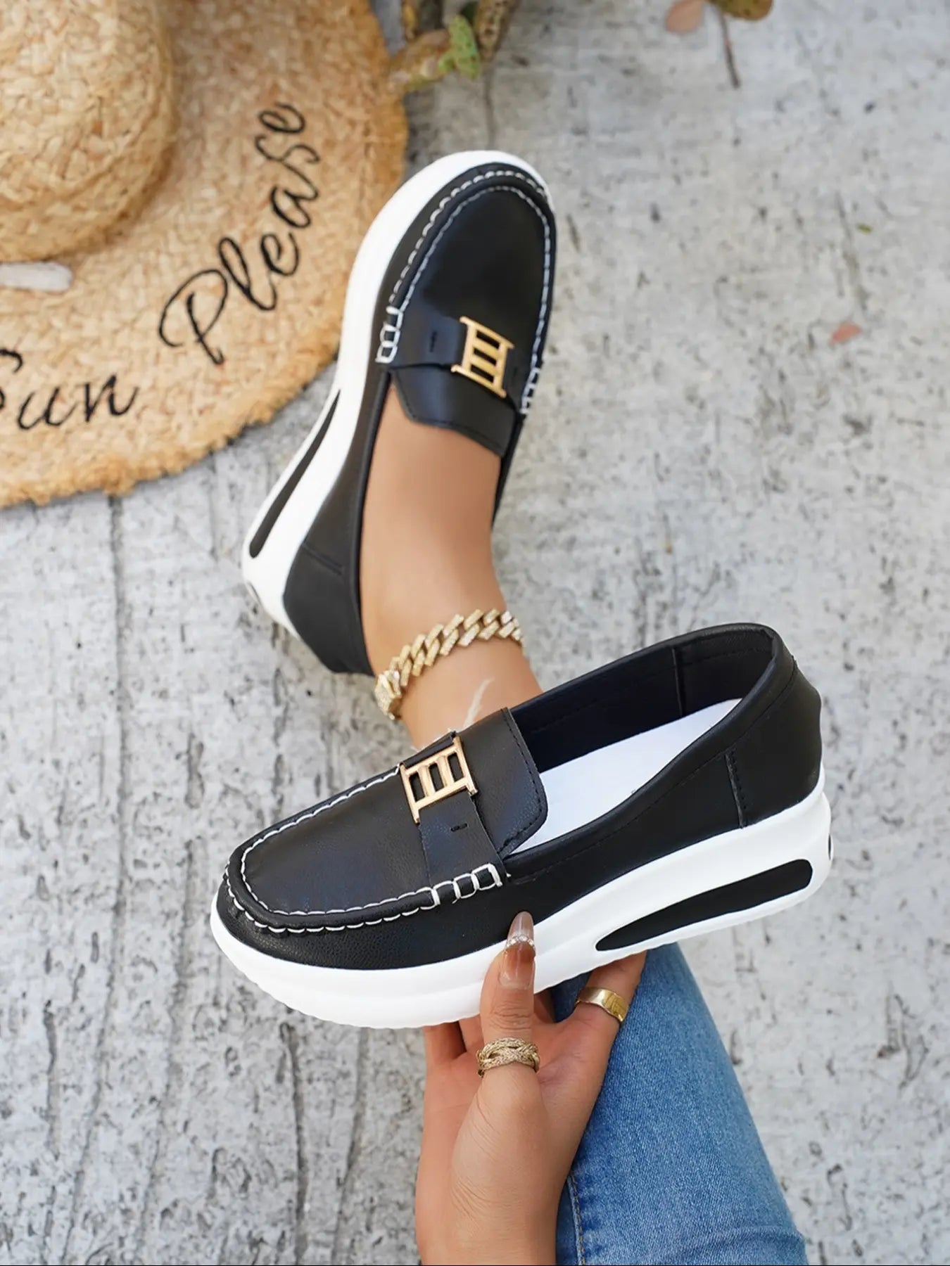 Women's Faux Leather Loafers – Round Toe, Chunky Sole, Slip-On