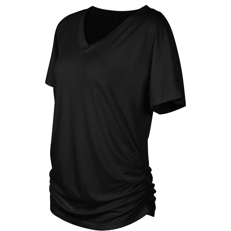 Womens Short Sleeve V Neck Dolman Tops with Side Shirring Loose Fit Shirts