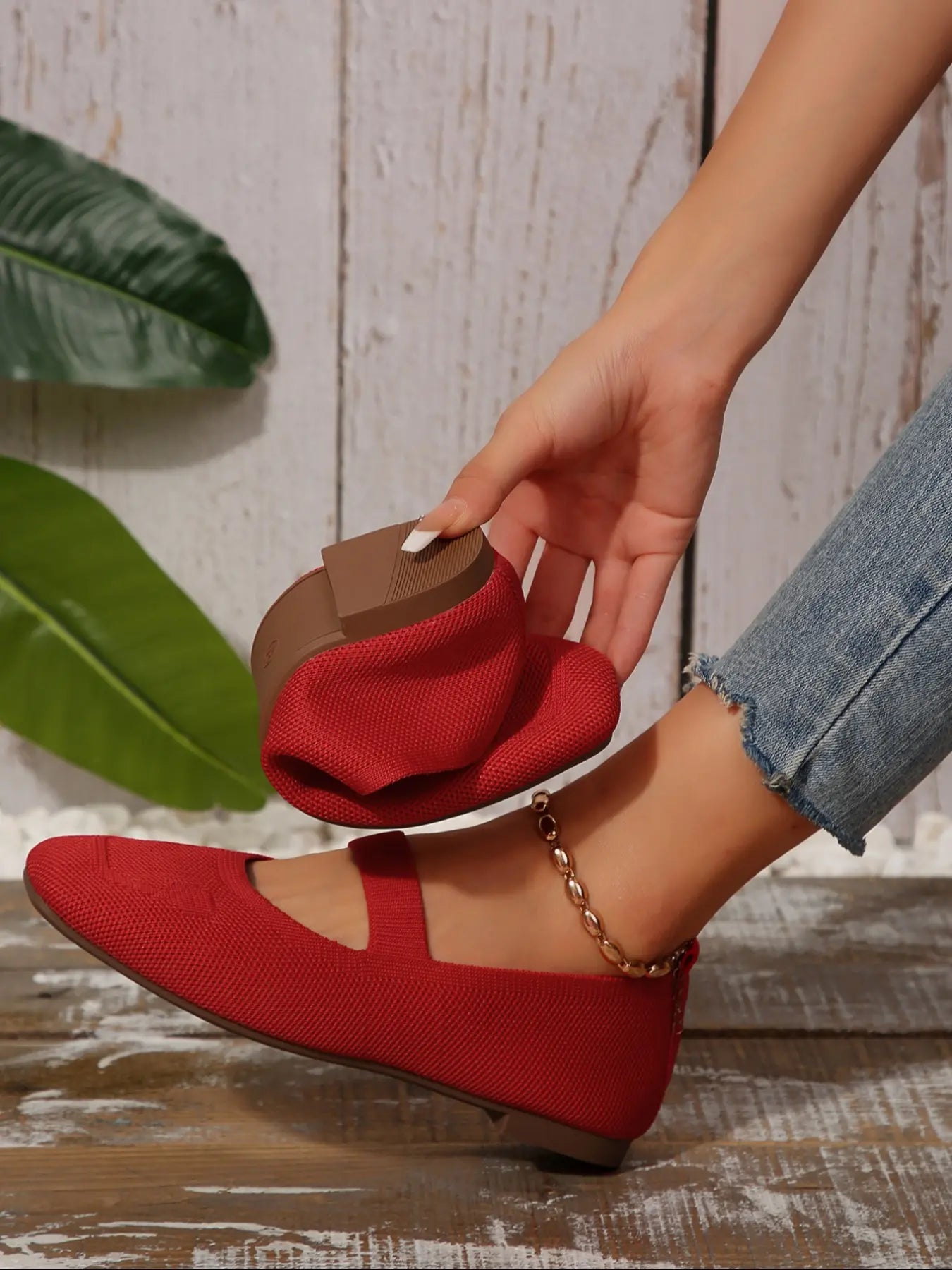 Women's Knit Mary Jane Flats – Square Toe, Heel Strap, Slip-On