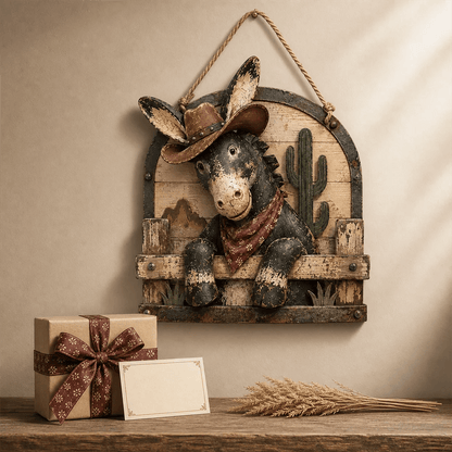 Rustic Cowboy Donkey Wall Hanging – Western Farmhouse Décor & Country Keepsake