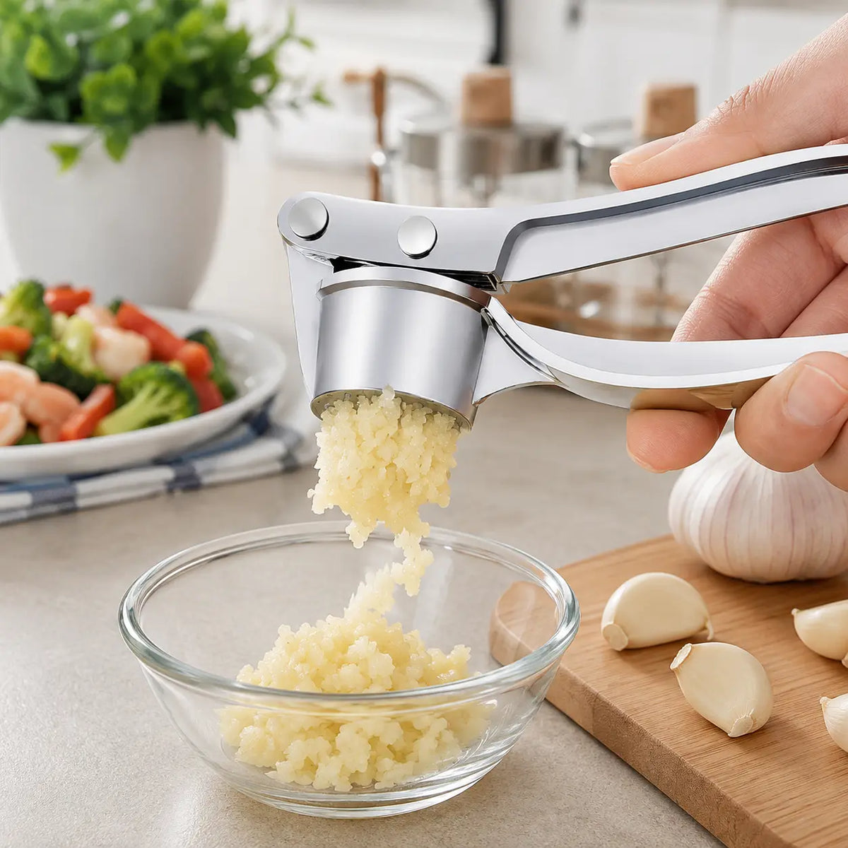Stainless Steel Garlic Press, Heavy Duty Manual Garlic Crusher Tool