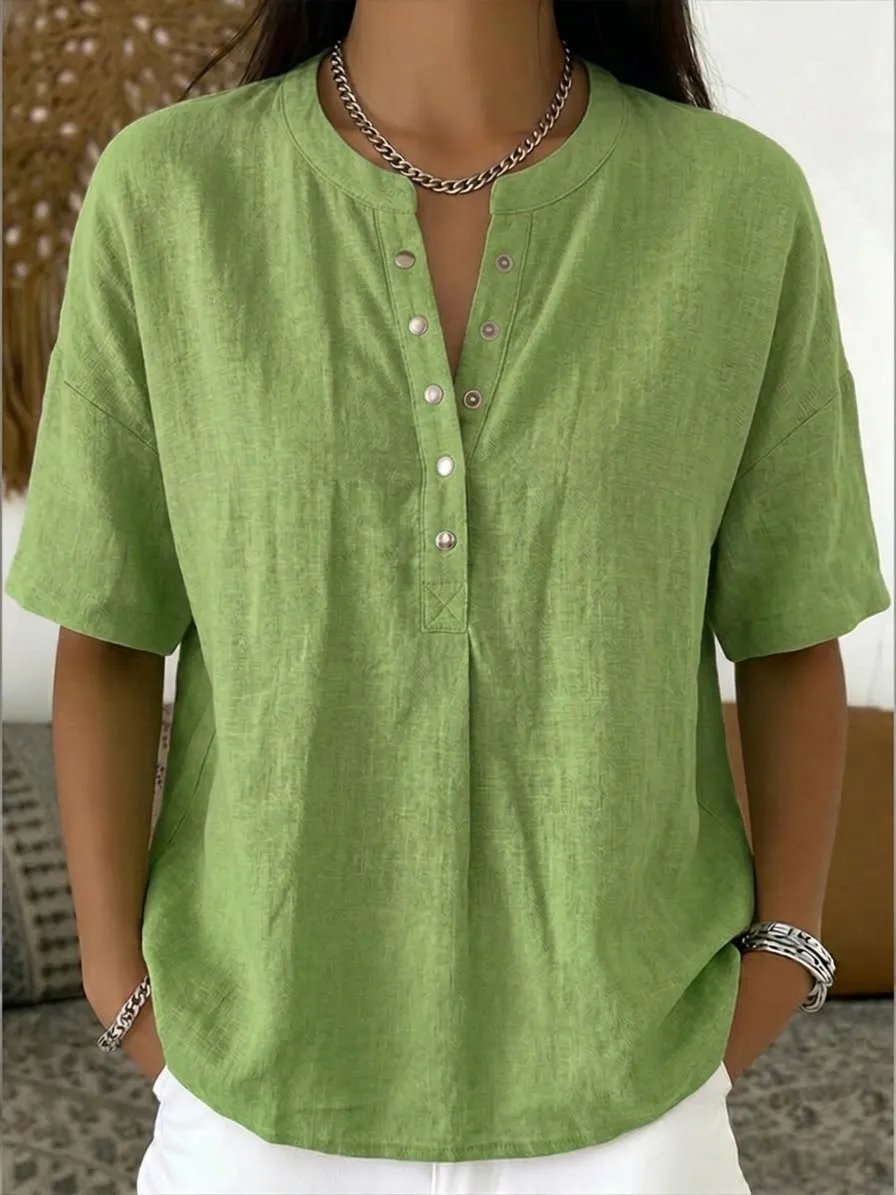 New Arrivals Women’s Casual Henley Collar Linen And Cotton Short-sleeve Shirt