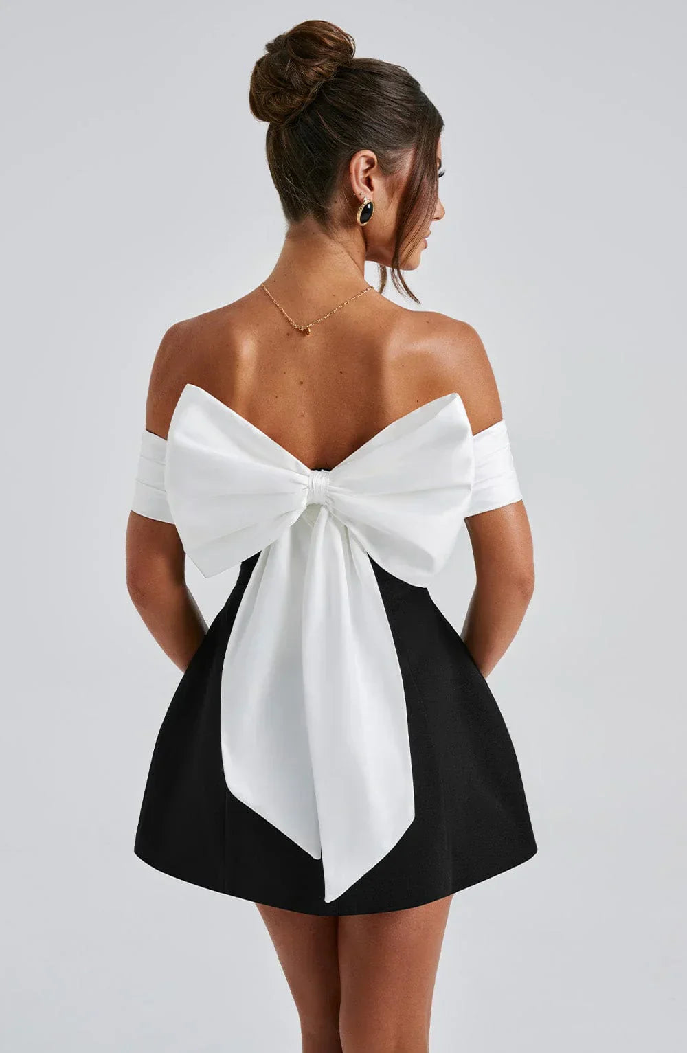 Off-Shoulder Mini Dress with Back Bow Accent
