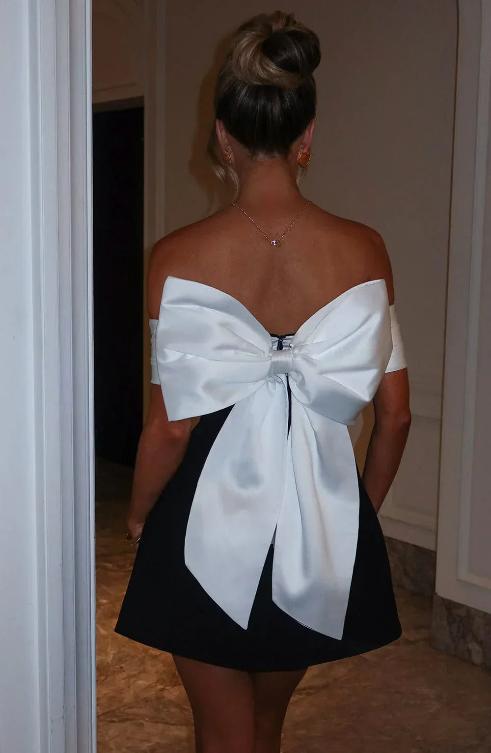 Off-Shoulder Mini Dress with Back Bow Accent