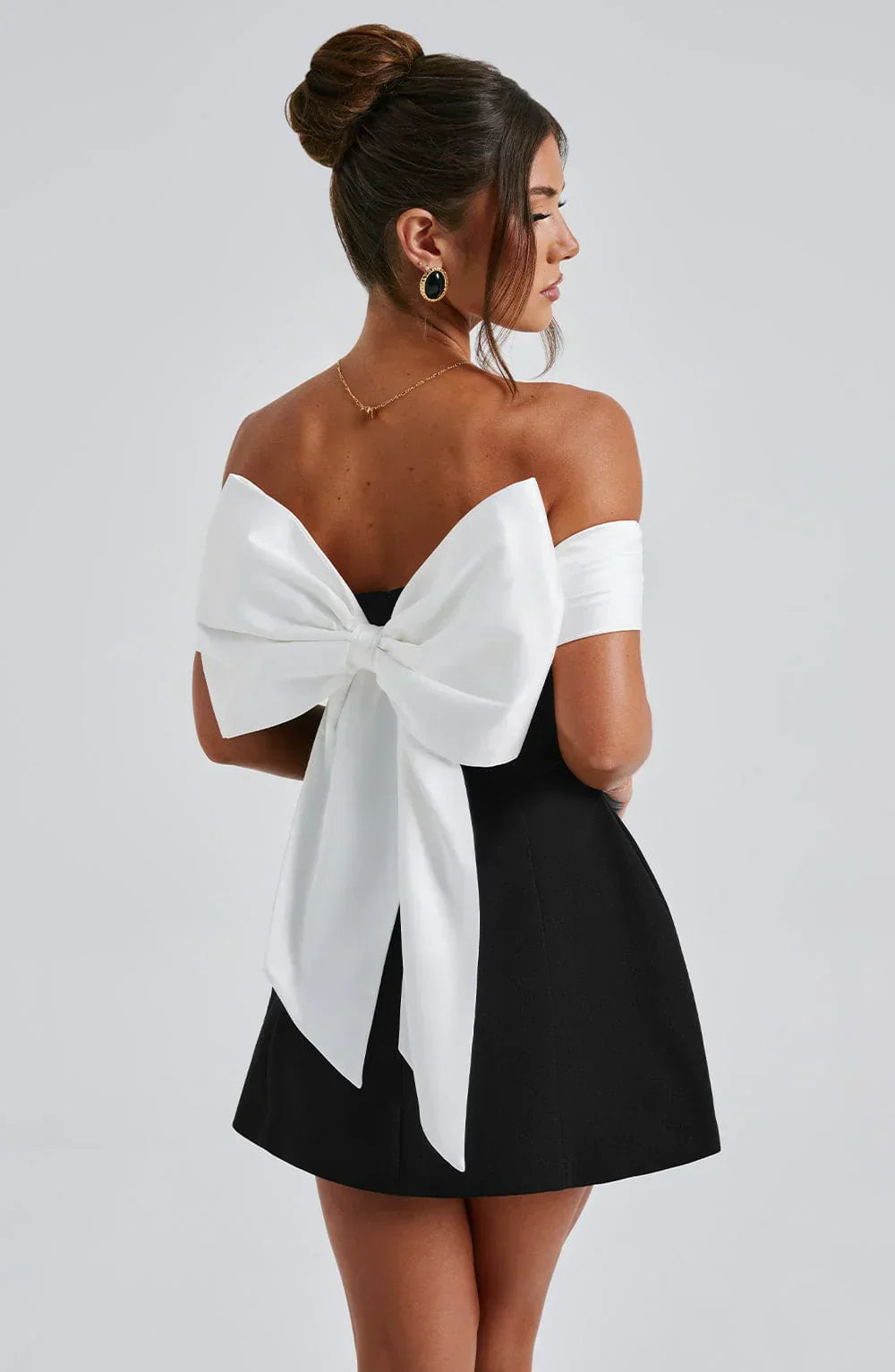 Off-Shoulder Mini Dress with Back Bow Accent