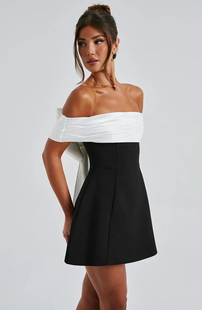 Off-Shoulder Mini Dress with Back Bow Accent