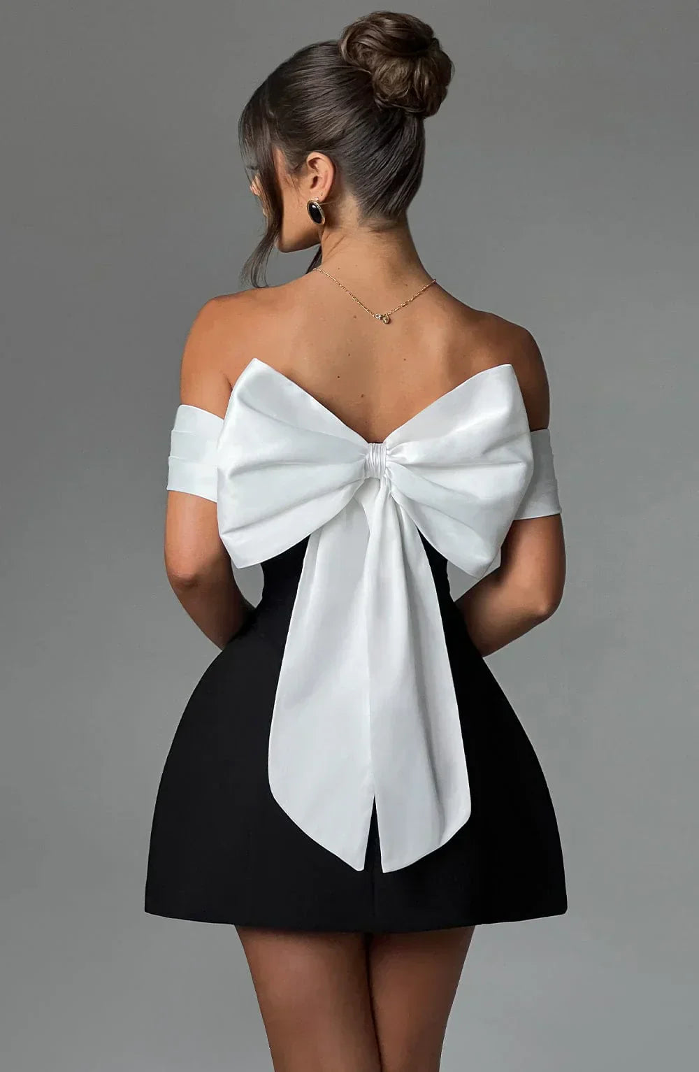 Off-Shoulder Mini Dress with Back Bow Accent