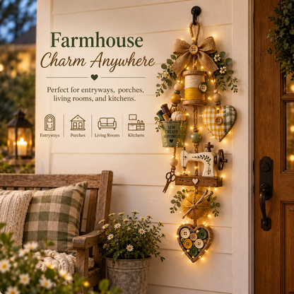 Rustic Wooden Sewing - Themed Hanging Ornament with Remote Control Fairy Lights