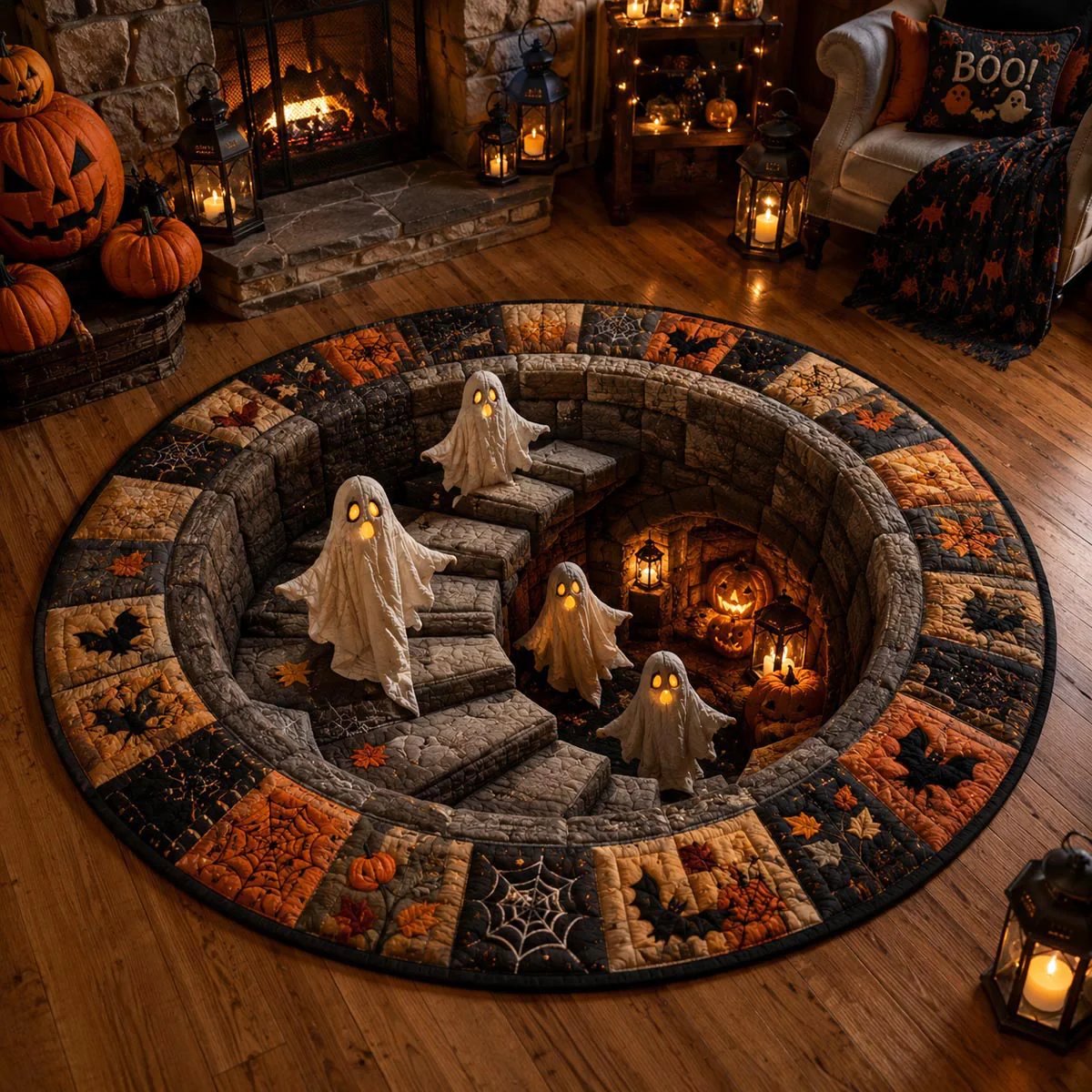 3D Haunted Staircase Round Rug – Spooky Halloween Optical Illusion