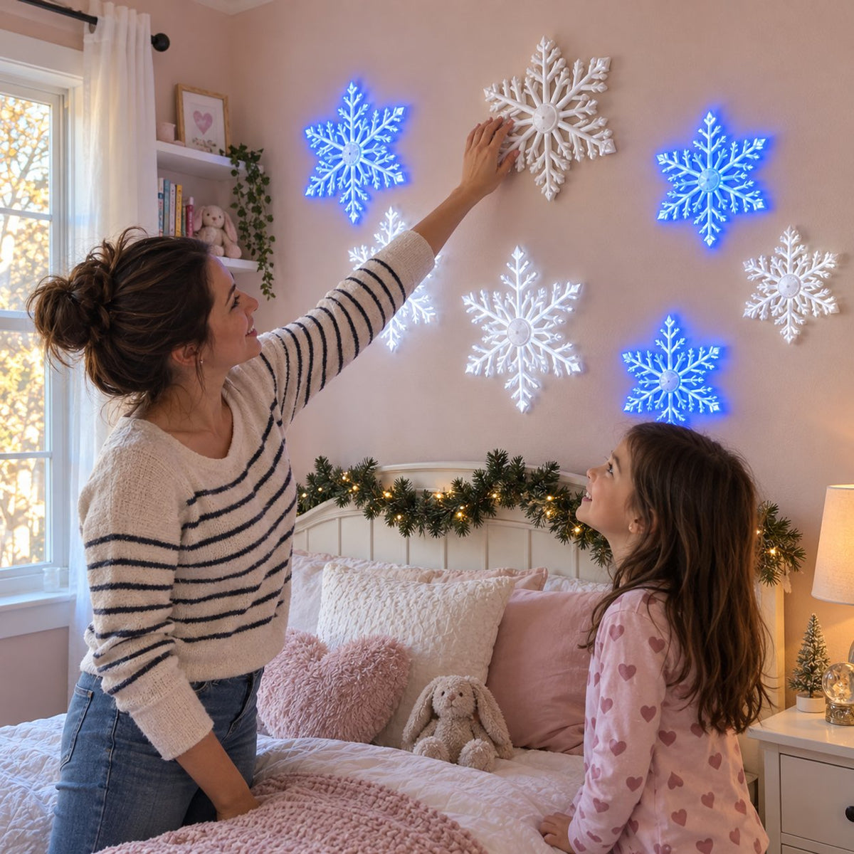 LED Snowflake Wall Lights | 3D Christmas Snowflake Décor with Blue & White Glow, Remote Control & Magical Indoor Holiday Atmosphere