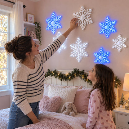 LED Snowflake Wall Lights | 3D Christmas Snowflake Décor with Blue & White Glow, Remote Control & Magical Indoor Holiday Atmosphere