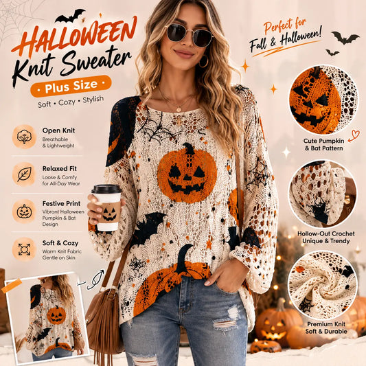 Women's Long-Sleeve Style Knitwear Piece, Halloween Pumpkin-Bat Print Casual Fall Pullover