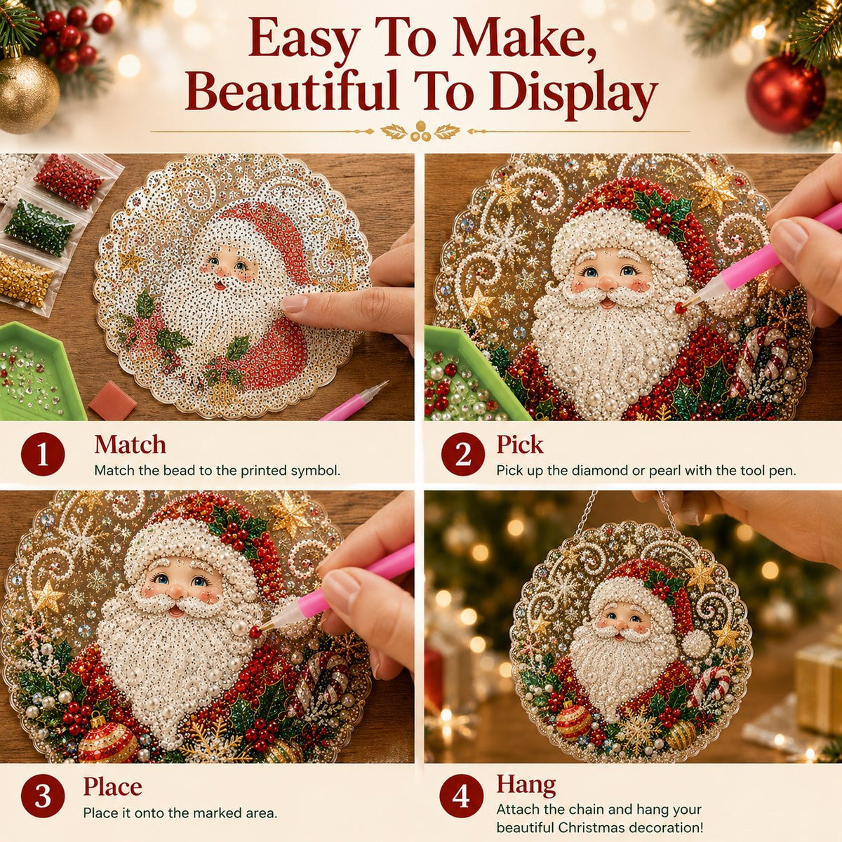 Premium Christmas Pearl Diamond Art Ornament Kit | DIY Holiday Hanging Decor