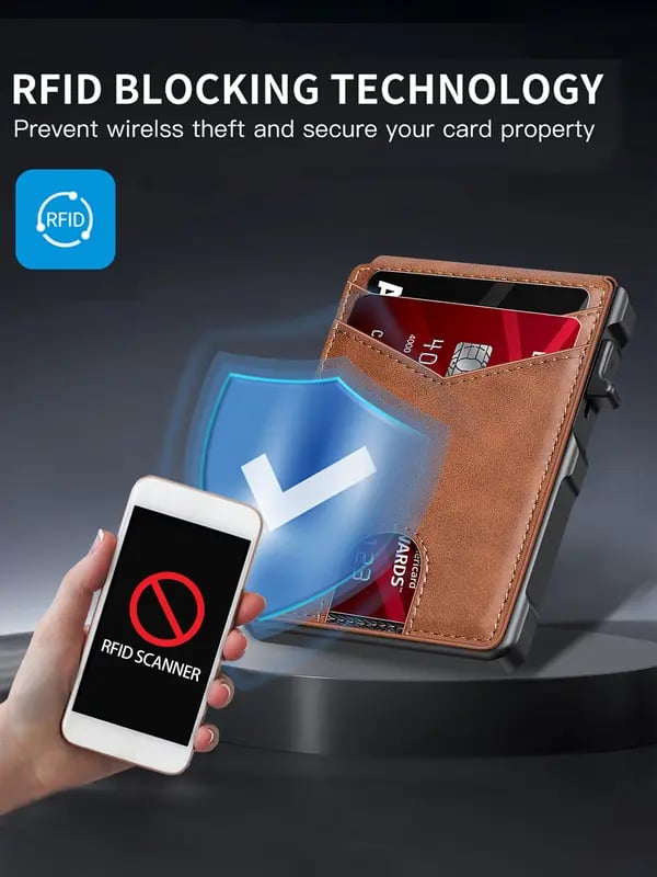 70K+ SOLD!-Wallet for Men - with Pop Up Aluminum Case Money Clip Slim Leather Slots Credit Card Holder RFID Blocking Bifold Minimalist Wallet