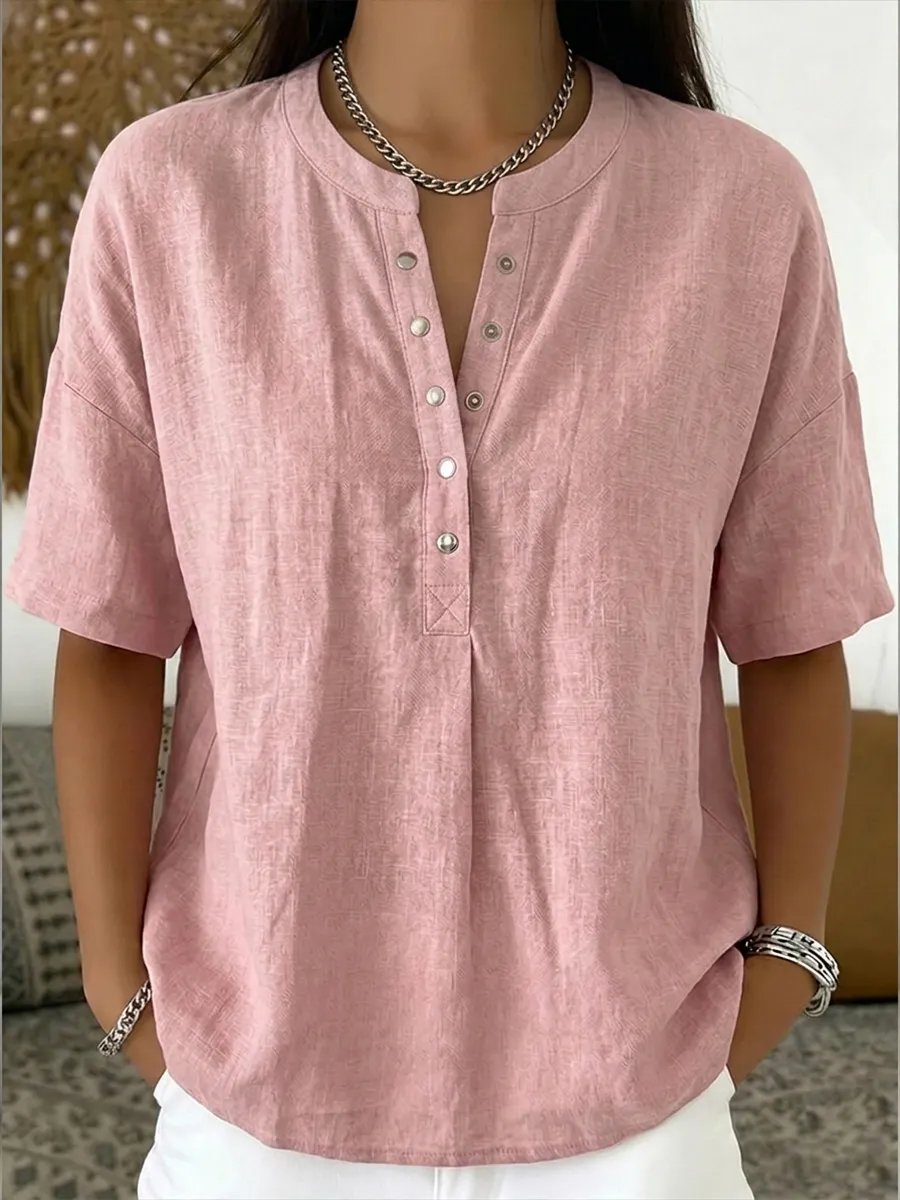 New Arrivals Women’s Casual Henley Collar Linen And Cotton Short-sleeve Shirt