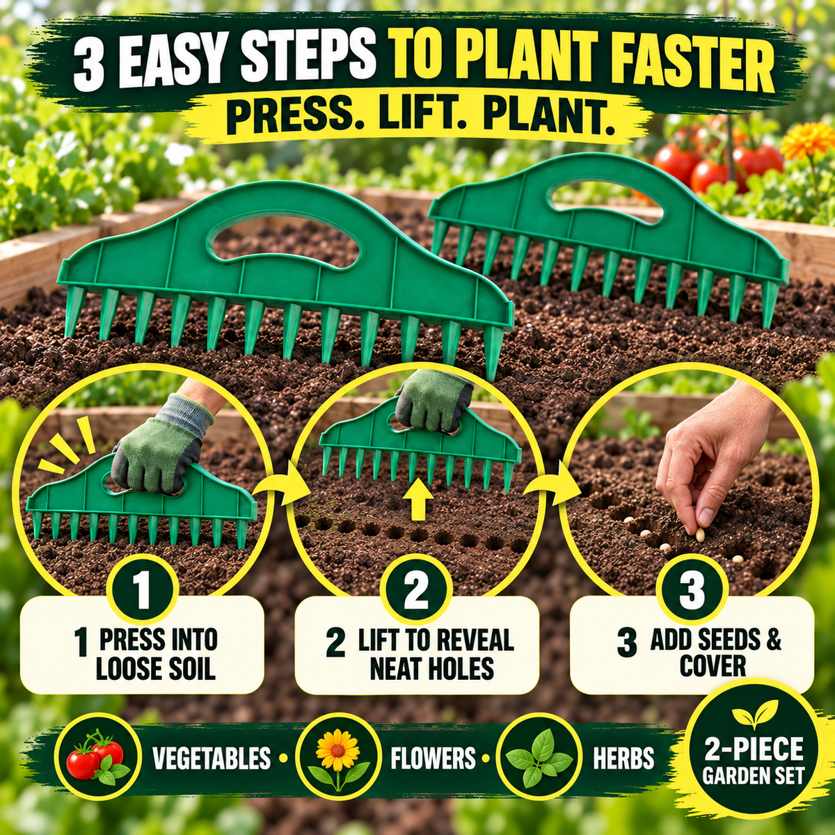 2-Pack Garden Seed Spacing Tool – Multi-Row Soil Dibbler & Furrow Maker