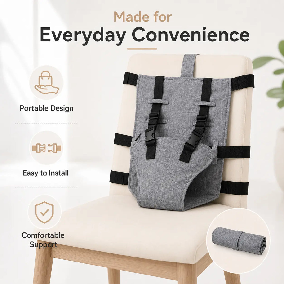Portable Baby Seat Harness for Dining Chairs, Foldable Toddler Safety Seat with Adjustable Shoulder Straps