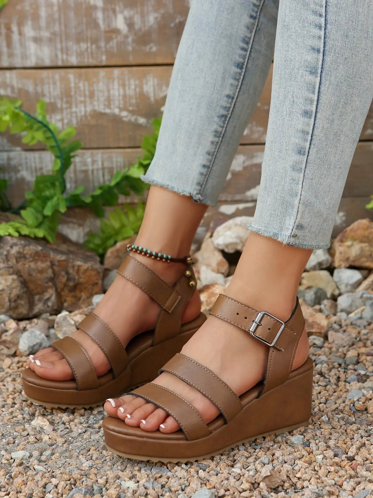 Women's Wedge Sandals – Chunky Sole, Adjustable Strap