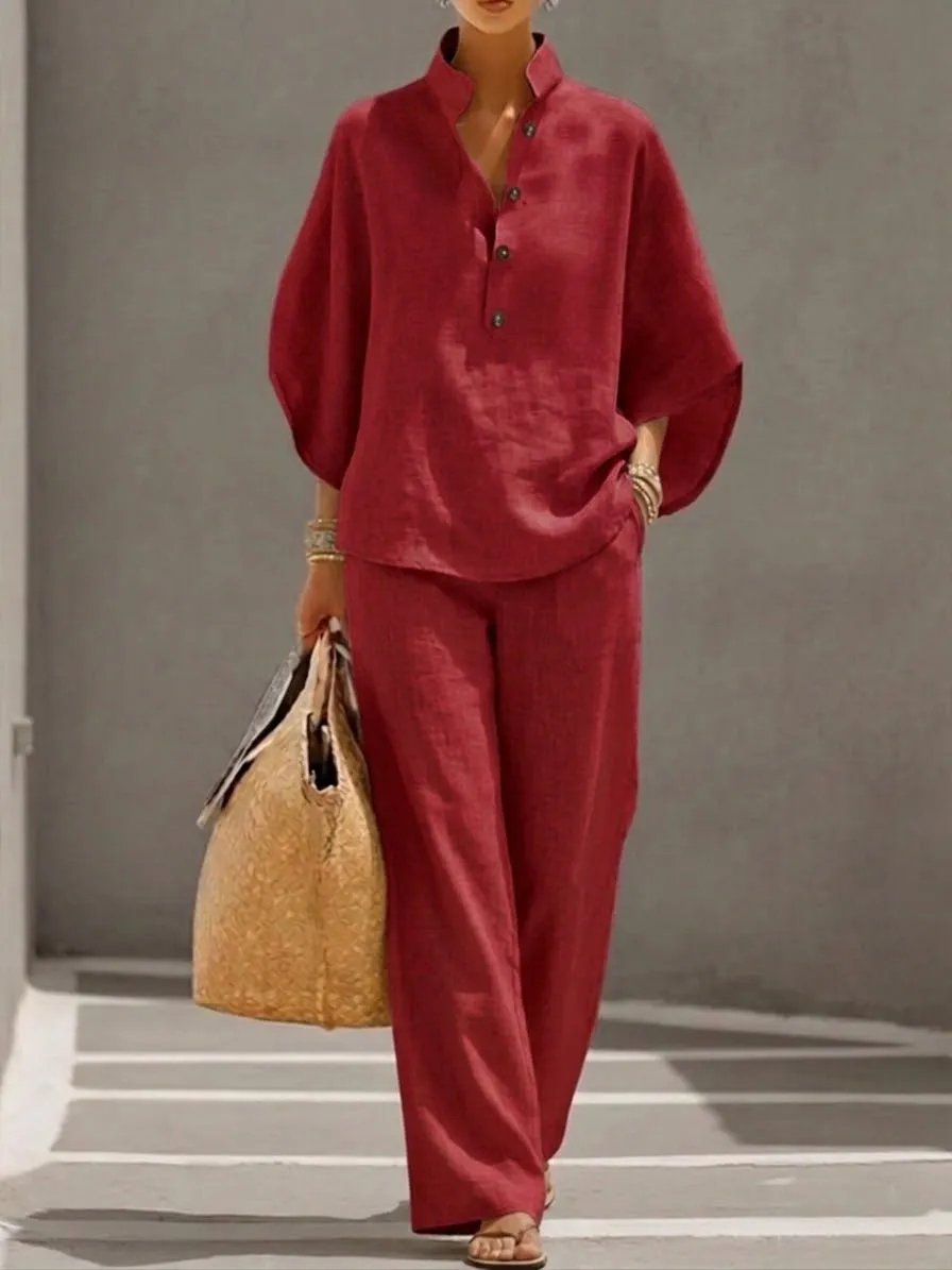Women's Batwing Sleeve Two-Piece Set – Casual Shirt & Wide Leg Pants Outfit