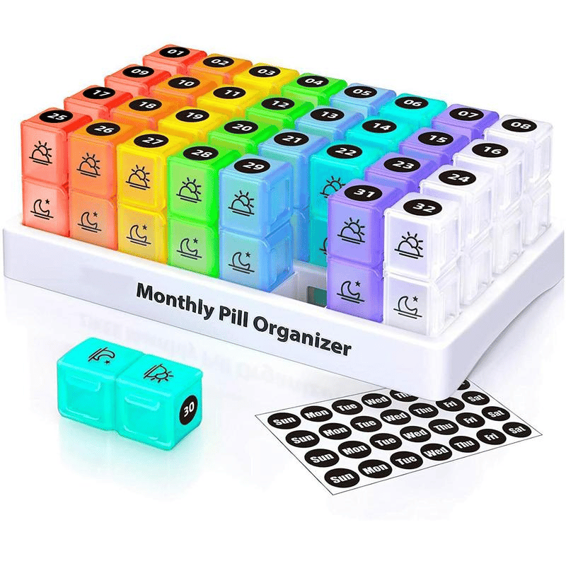 Monthly AM/PM Pill Organizer – Twice-a-Day Medicine & Vitamin Storage with Stickers