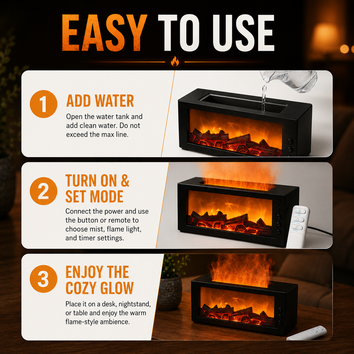 Dance with Flames. Sleep in Serenity— Fireplace Flame Humidifier
