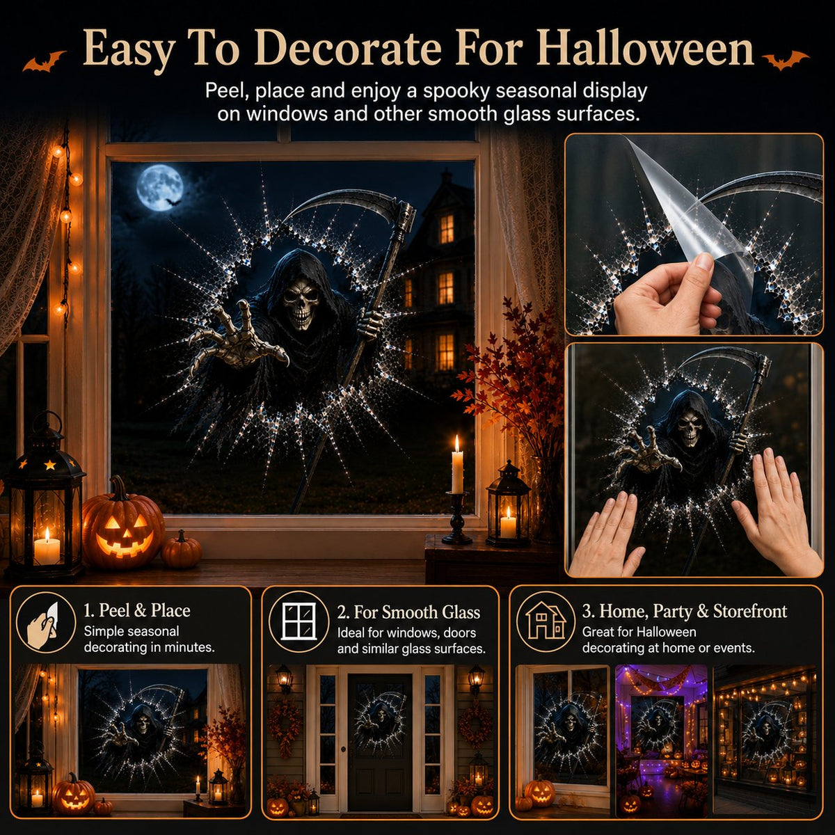 2026 Halloween Window Decals – 3D Crack Glass Spooky Decorations for a Haunted Halloween Scene