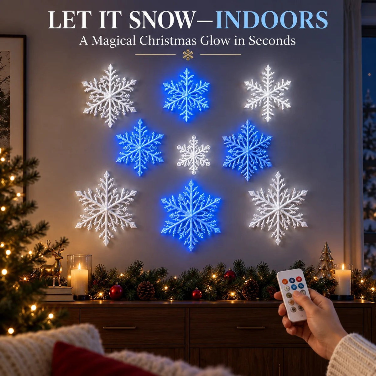 LED Snowflake Wall Lights | 3D Christmas Snowflake Décor with Blue & White Glow, Remote Control & Magical Indoor Holiday Atmosphere