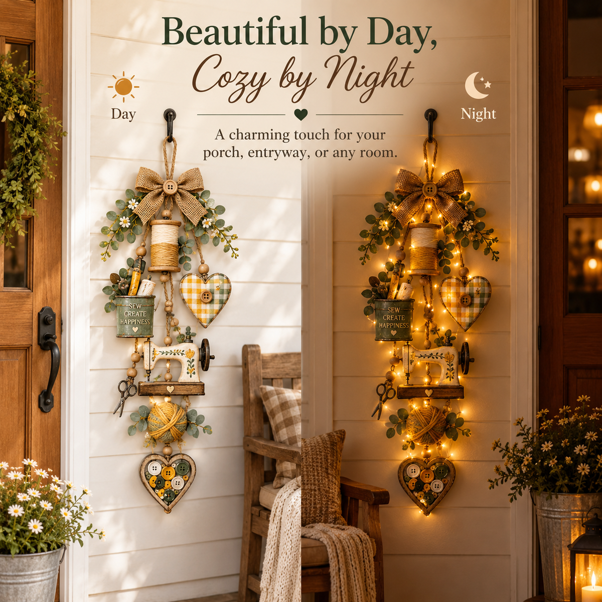 Rustic Wooden Sewing - Themed Hanging Ornament with Remote Control Fairy Lights