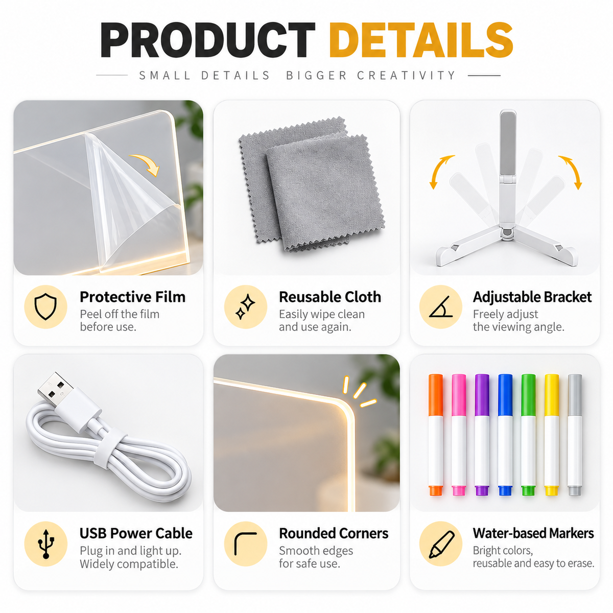 Creative Rewritable Acrylic LED Message Board (set come with 7 Pens)